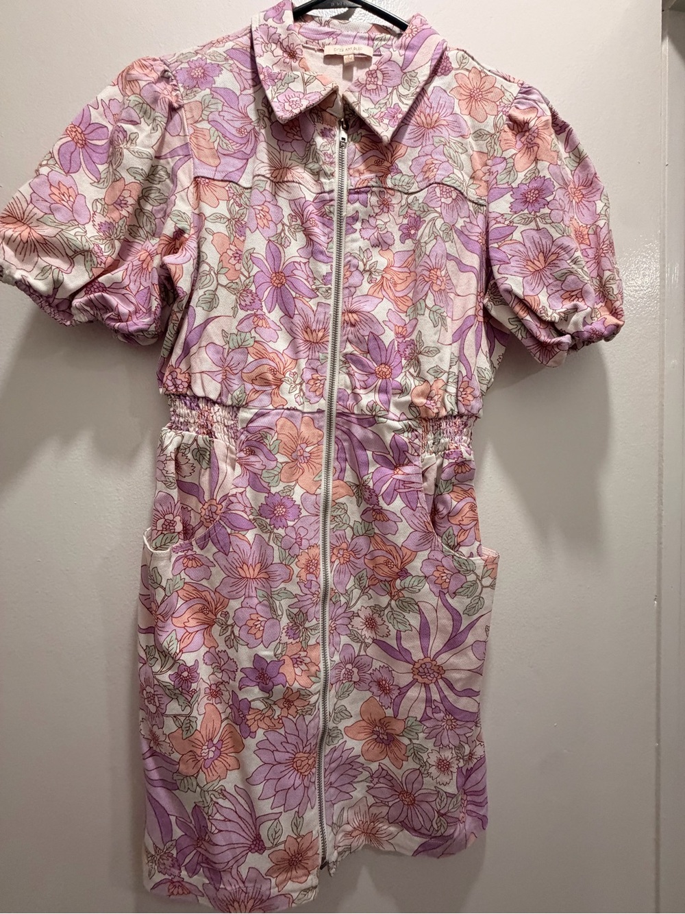 Skies Are Blue Floral Zip-Front Puff Sleeve Dress in Pink and Peach